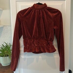 Women's Rust Red Velvet Long-Sleeve Smocked Peplum Top